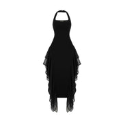 Black dress with square neck and slanted hem
